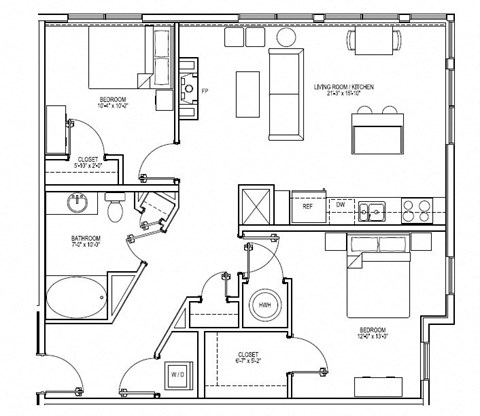 Floor plan for 2 beds, 1 bath, 1032 sqft